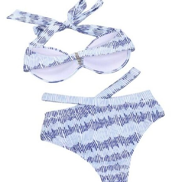 Premium 2-PC Swimsuit Multi-wear Halter Top High Waist Patterned Design Bikini - Picture 9 of 10